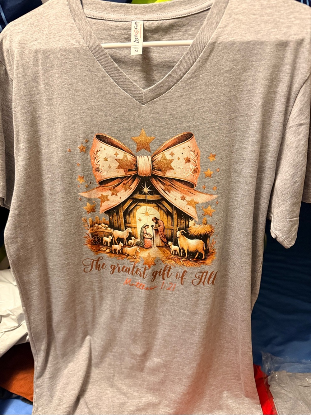 NEW! Women’s V-Neck Nativity Graphic Tee - Light Gray